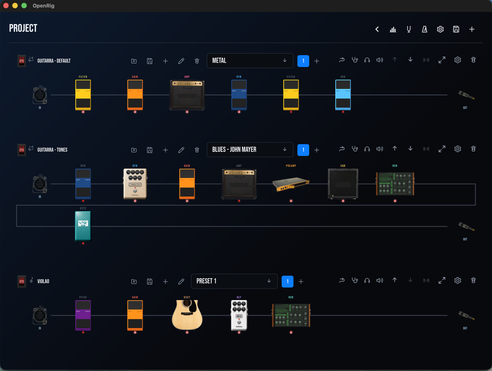 OpenRig main window — amps and pedals laid out like a pedalboard